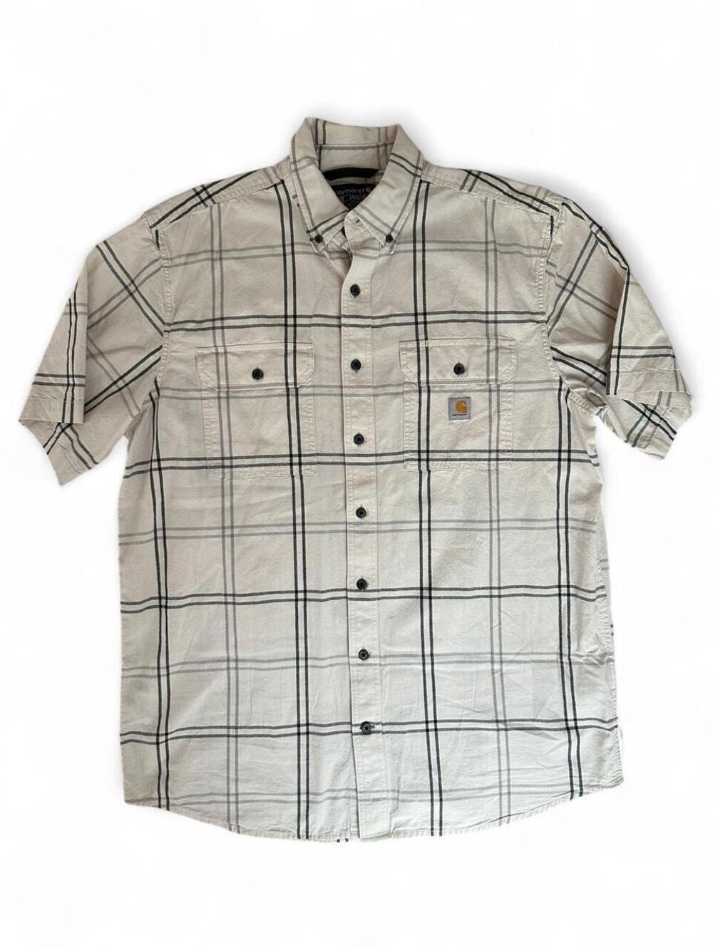 Carhartt 106140 Plaid Shirt Men’s L Tall Malt Black Loose Fit Short Sleeve